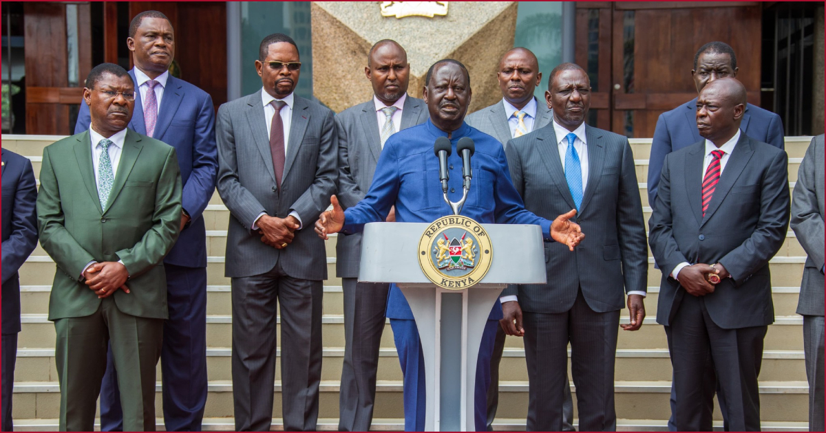ODM leader Raila Odinga (on mic), flanked by President William Ruto, his deputy Rigathi Gachagua and other leaders in a past presser in Nairobi.